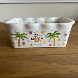 TEMPTATIONS By Tara RARE 12 Oz Loaf Pan Snowman Coastal Palm Tree Beach Ceramic